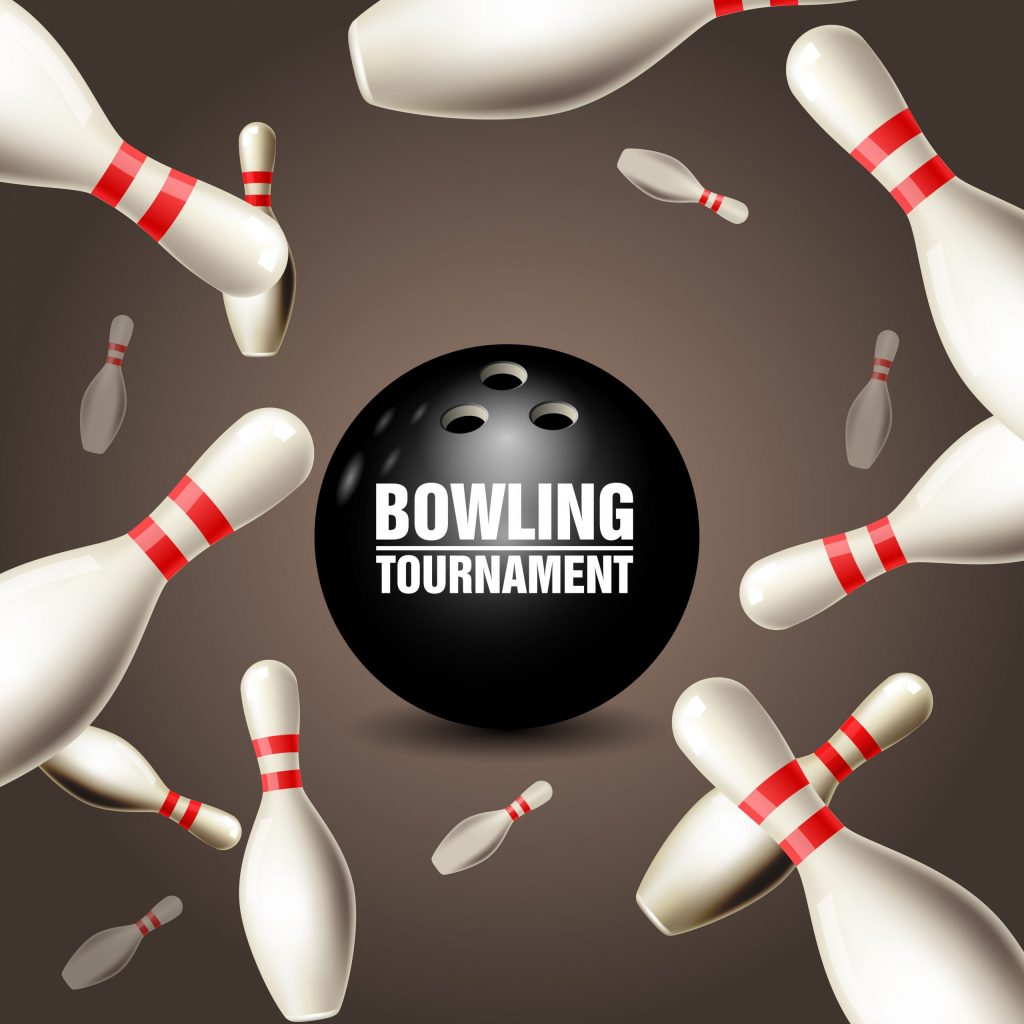 Bowling tournament invitation card - frame of floating skittles and ball